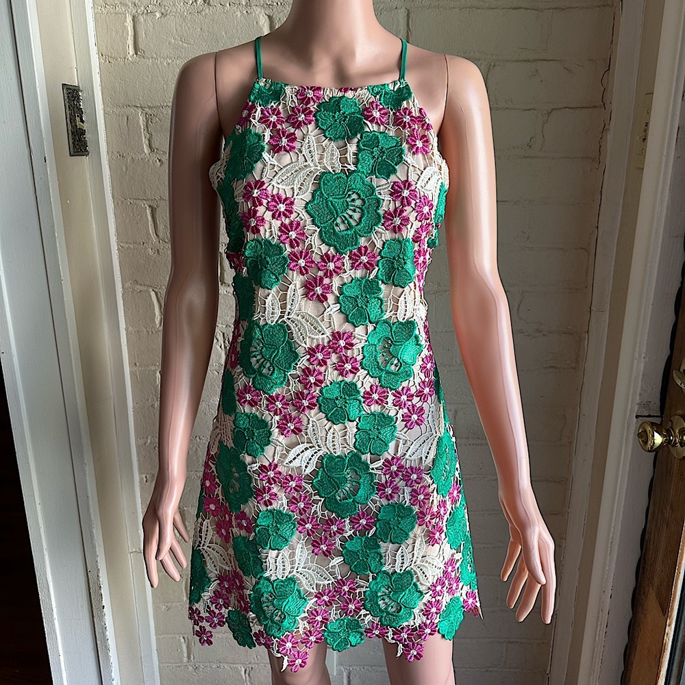 Goldie size large NWT tan, purple, and green crochet lace lace dress
